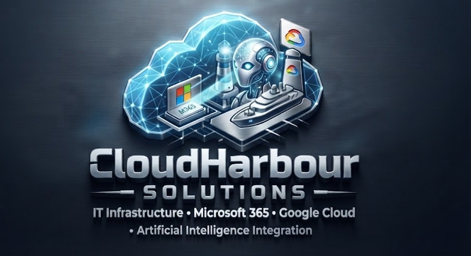 CloudHarbour Solutions logo: a glowing cloud, lighthouse and harbour with the tagline IT Infrastructure, Microsoft 365, Google Cloud, Artificial Intelligence Integration